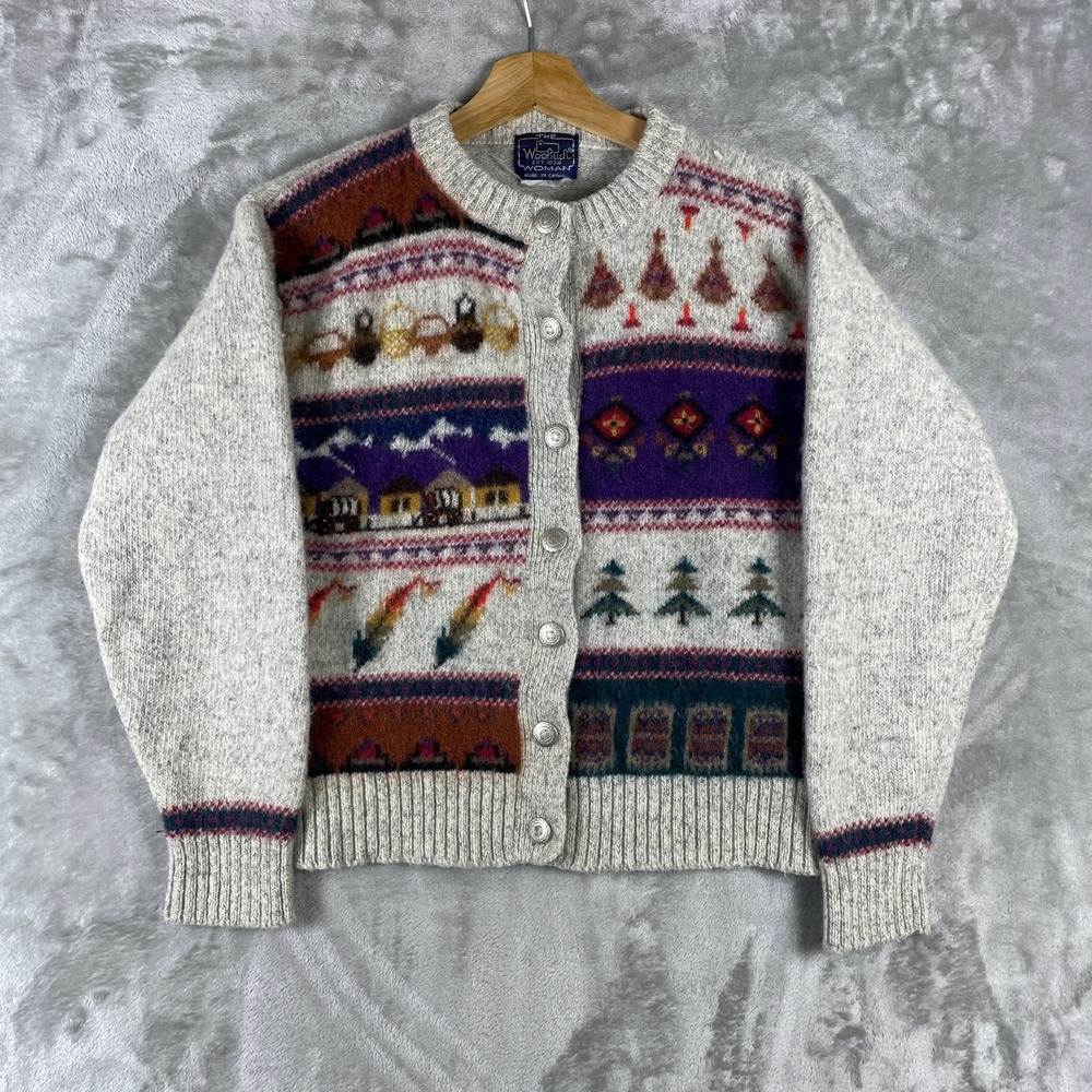 Vintage Woolrich Sweater Womens XS Fair Isle Scenic Wool Cottage Cardigan USA